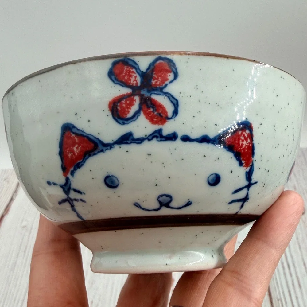 Japanese Iga-yaki Ceramic Cat Rice Bowl‎ Hand Painted Speckled Blue Orange 4.5